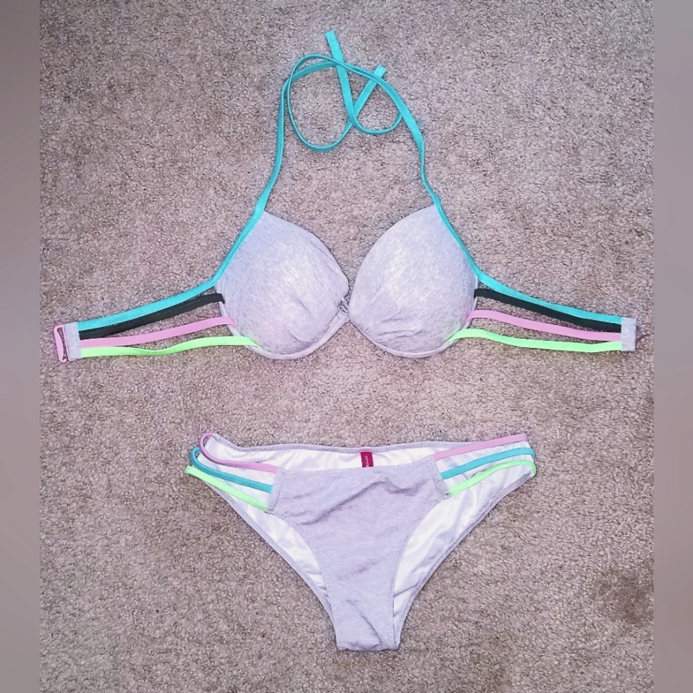 Victoria's Secret Grey Colorblock Padded Push Up Plunge Bikini Set-34DD Medium